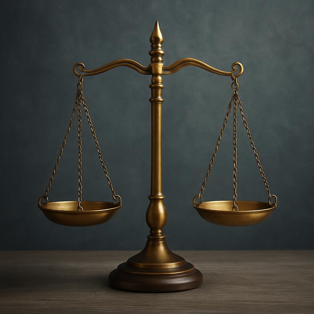 A bronze-colored balance scale sits on a wooden platform, set against a dark blue background. The scale is symmetrical, wi...