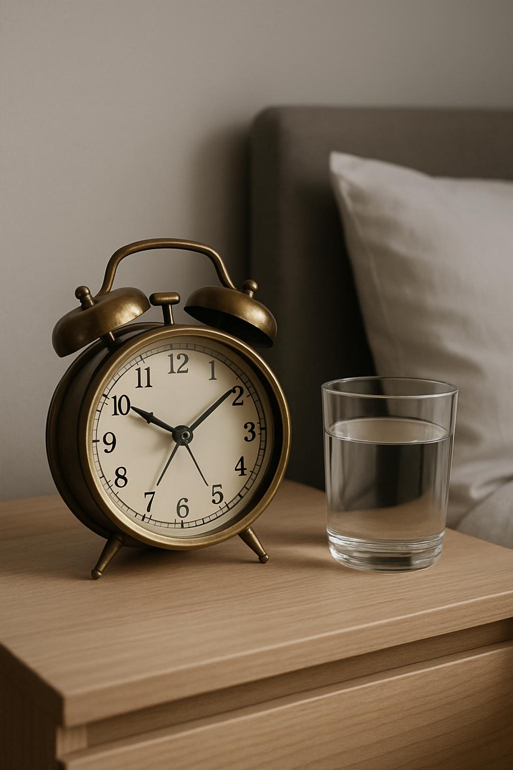 A glass of water and a bronze double-bell alarm clock on a light wooden bedside table, with a grey headboard and pillow in...