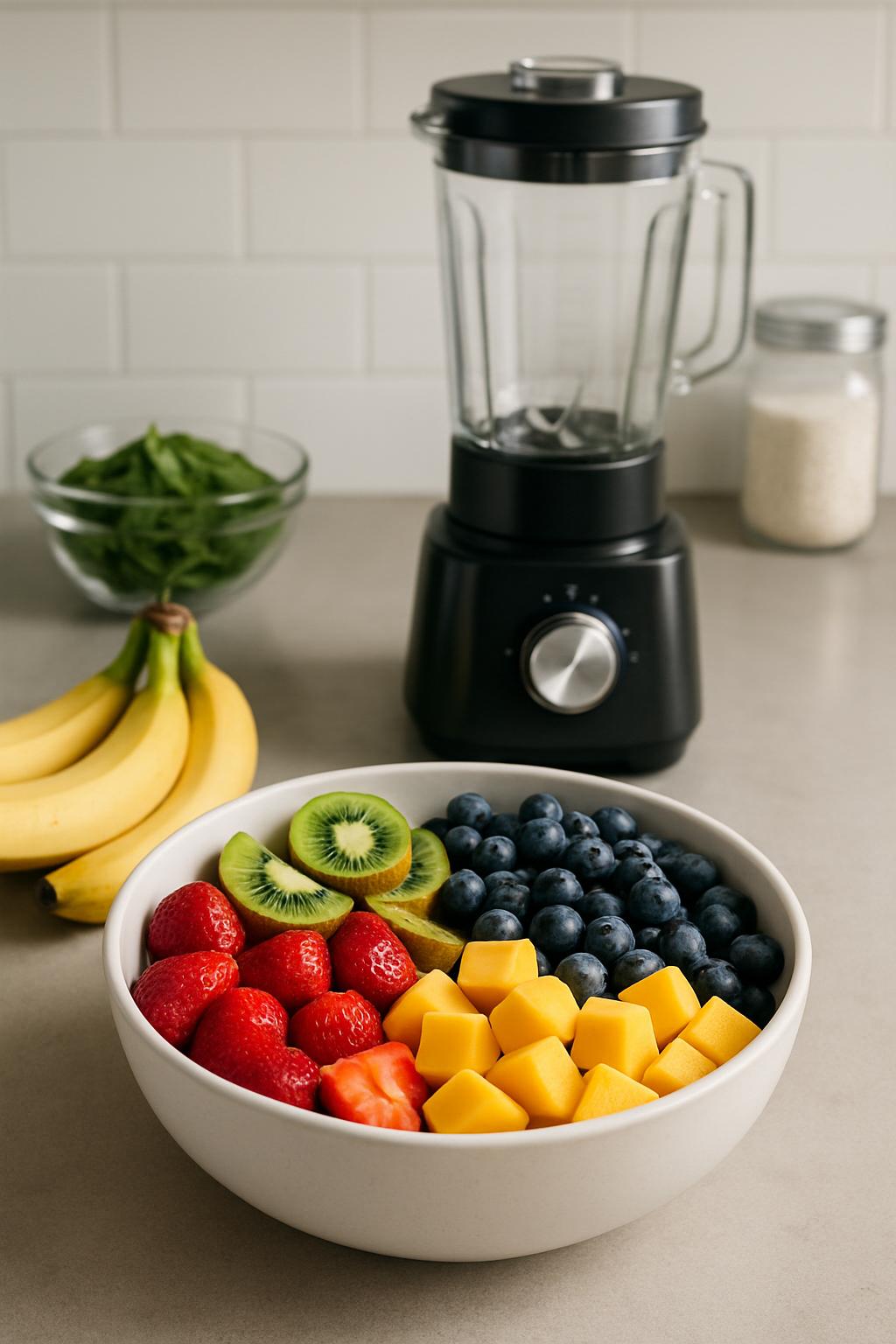 A bowl of fruit sits in front of a blender, ready to create a fresh smoothie or dessert. The bowl has a variety of fresh f...