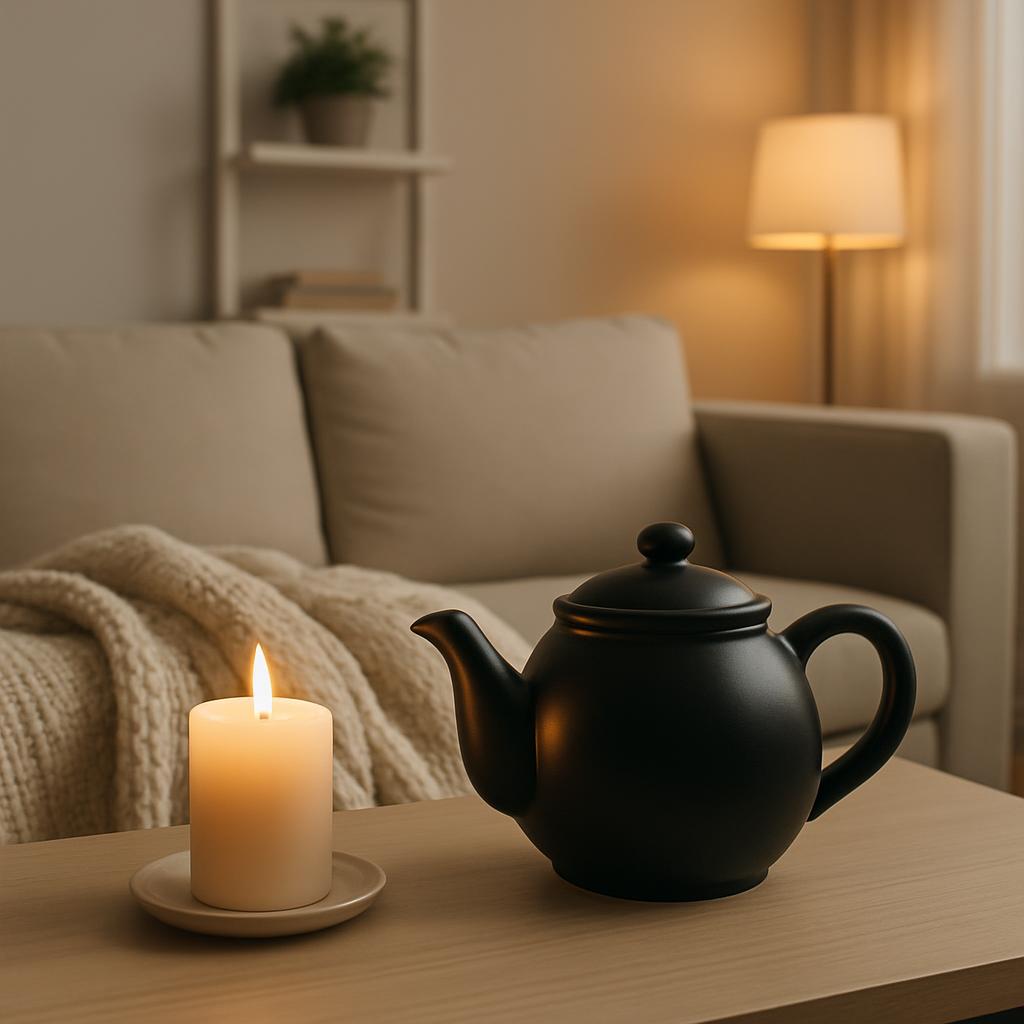 A candle is lit on a table in front of a beige couch. The candle sits on a small beige plate, casting warmth and light in ...