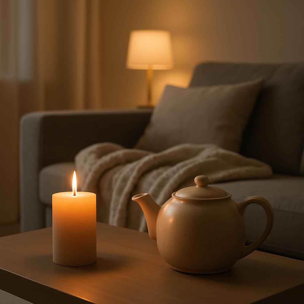 A lit candle beside a teapot on a coffee table. The long-handled white teapot attests to a traditional English silhouette....