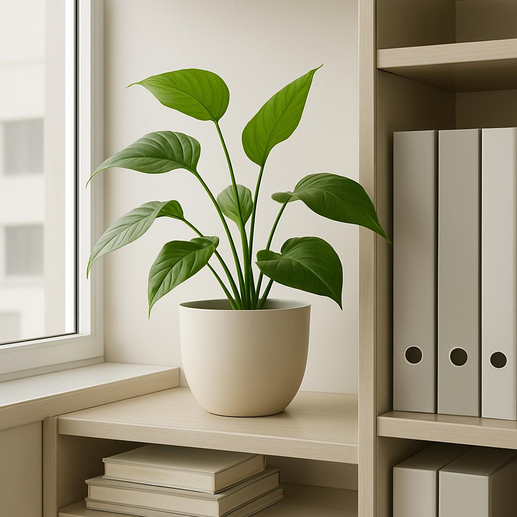 A green plant with large leaves grows in a white pot on a shelf, likely a low-maintenance peace lily.