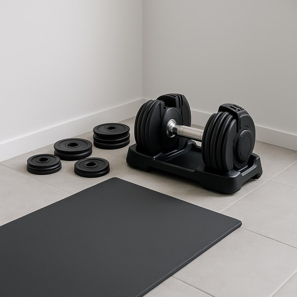 A black adjustable dumbbell with weight plates on a stand, and a yoga mat on the floor, creating a home gym setup.
