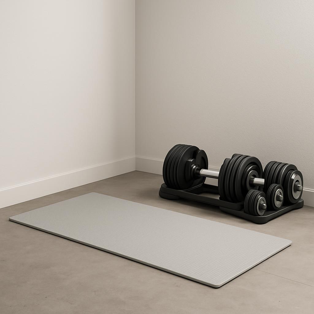 Dumbbell exercises with a white floor mat in a corner area next to white wall.